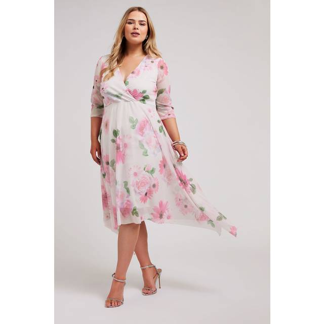 Yours London Curve Pink Floral Print Hanky Hem Dress, Women's Curve & Plus Size, Yours London - 20