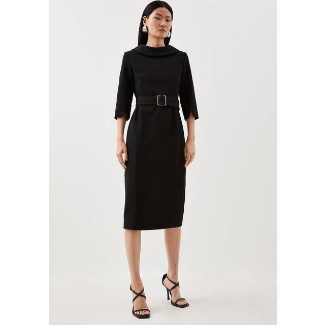 Tailored Structured Crepe Roll Neck Pencil Midi Dress - Black
