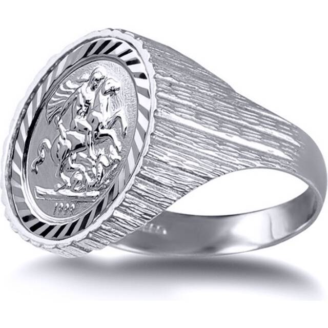 (O) Jewelco London Men&#39;s Solid Sterling Silver Ribbed Barked St George & Dragon Medallion Ring (10th Ounce Coin Size) - ARN115-T-SG