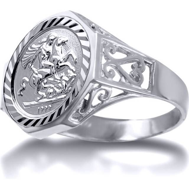 (W) Jewelco London Men&#39;s Solid Sterling Silver Octagon Scroll St George & Dragon Medallion Ring (10th Ounce Brittania Coin Size) - ARN156-T-SG