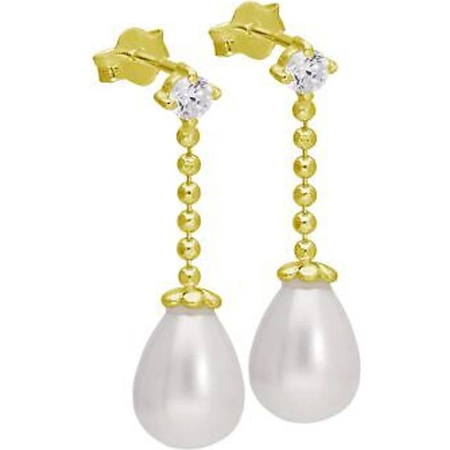 Gold Plated Sterling Silver Cz Teardrop Pearl Drop Stud Earrings