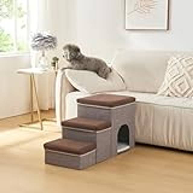 [en.casa] Hundtrappa Vojens hundramp med grotta för små hundar 3-stegs husdjursstege för säng och soffa, hopfällbar kattrappa 76 x 33 x 43 cm brun/grå