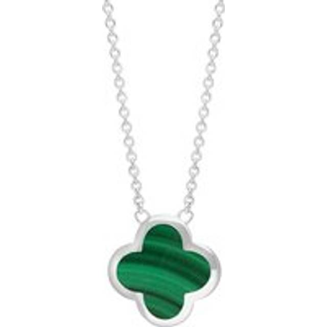 Sterling Silver Malachite Bloom Large Four Leaf Clover Polished Edge Pendant