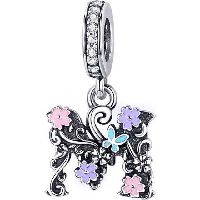 Letter M Pendant Charm Fit Bracelet Vintage Flower Pattern Silver plating Jewelry