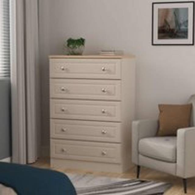 Welcome Furniture Ready Assembled Norfolk 5 Drawer Chest In Kashmir Ash & Bardolino Oak, Cream