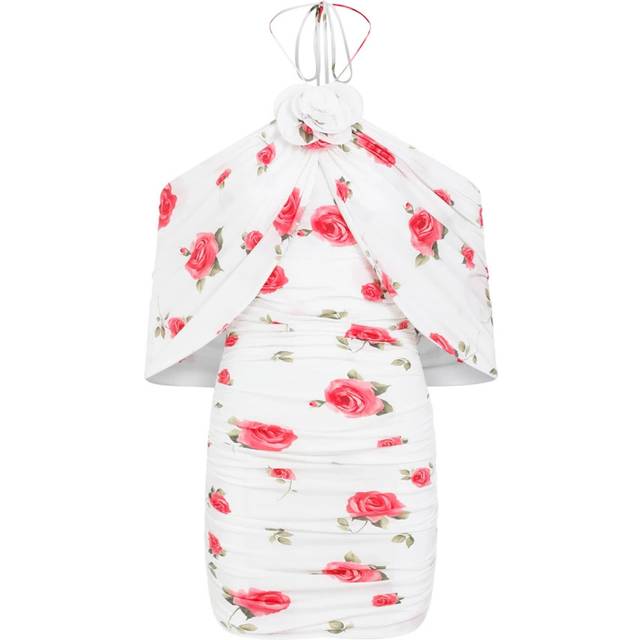 White Rose Print Halterneck Dress