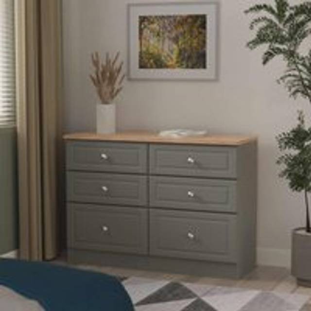 Welcome Furniture Ready Assembled Norfolk 6 Drawer Midi Chest In Dusk Grey & Bardolino Oak, Grey