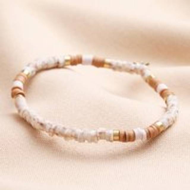 Brown and White Heishi Beaded Bracelet - beige/white/gold - one size