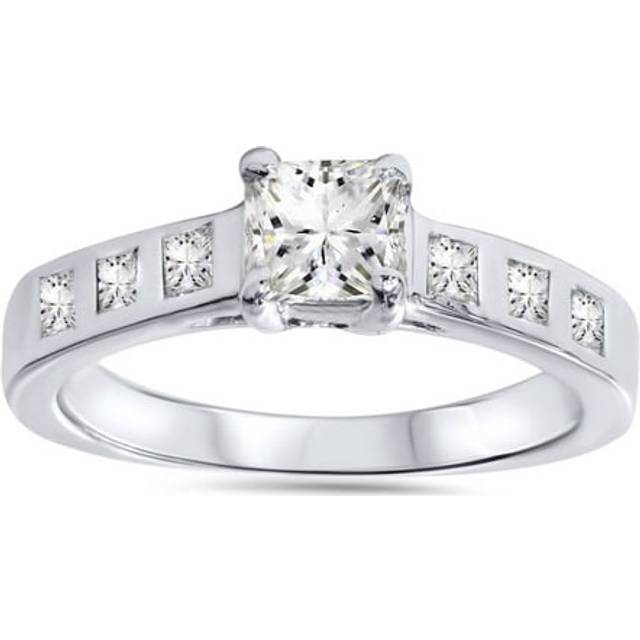 1ct Real Princess Cut Bezel Real Diamond Engagement Ring 14k White Gold