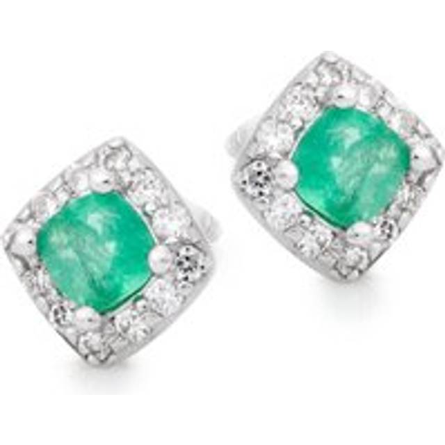 9ct White Gold Diamond Green Emerald Stud Earrings