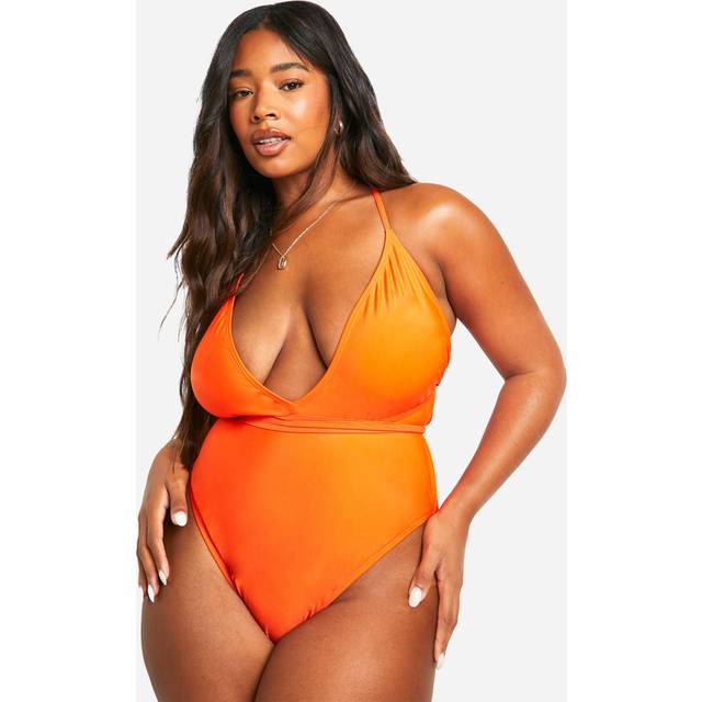 Womens Plus Plunge Tie Waist Swimsuit - Orange - 26, Orange