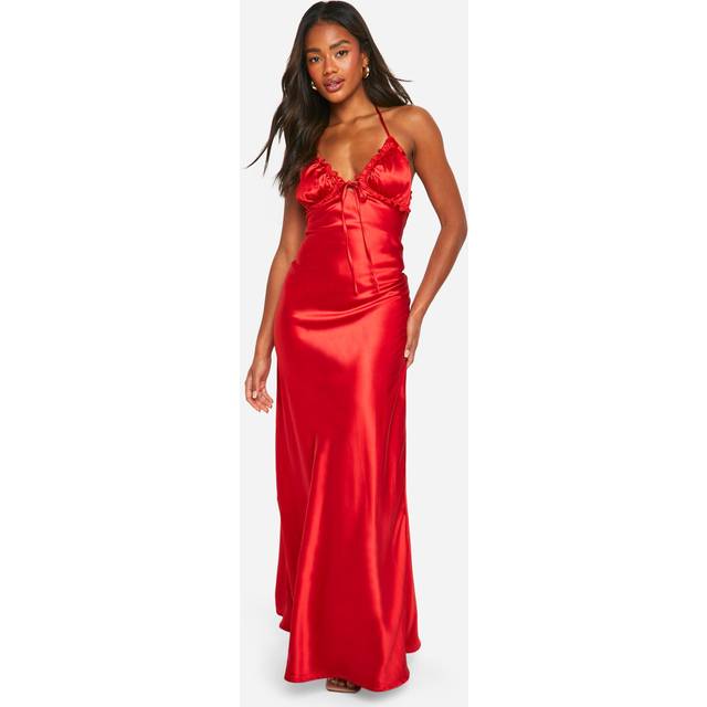 Womens Ruffle Satin Maxi Slip Dress - Red - 14, Red