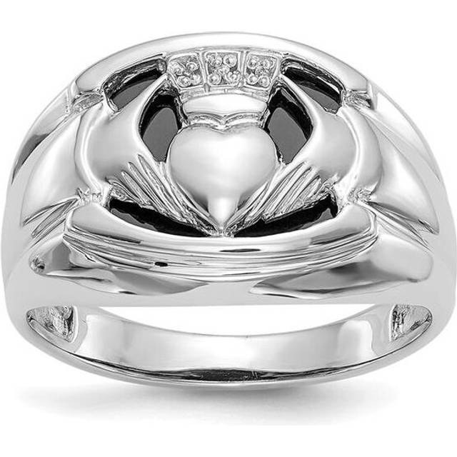 Finest Gold 14K White Gold 0.01CT Diamond & Onyx Mens Claddagh Ring Mounting - Size 10