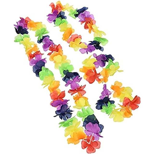 Tropical Luau Hawaiian Multicolour Lei Set - Fabric Lei Headband and 2 Bracelets