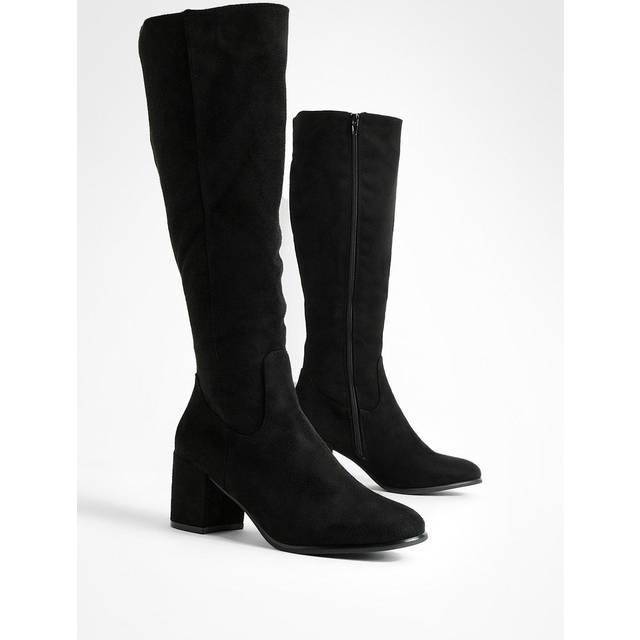 Womens Faux Suede Low Block Pull On Knee High Boots - Black - 4, Black