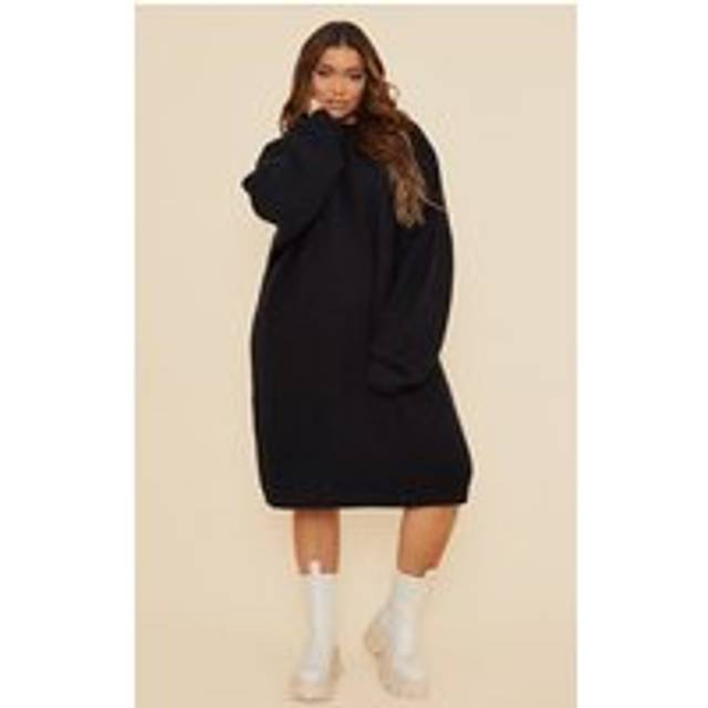Plus Black Knitted High Neck Rib Jumper Dress, Black - XL