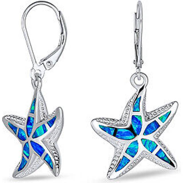 Synthetic white opal 925 silver October birthstone inlay processing plump starfish sea star lever back earrings [Bling Jewelry] white