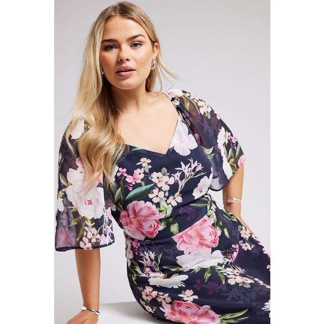 Yours London Curve Navy Blue Floral Print Midaxi Dress, Women's Curve & Plus Size, Yours London - 22