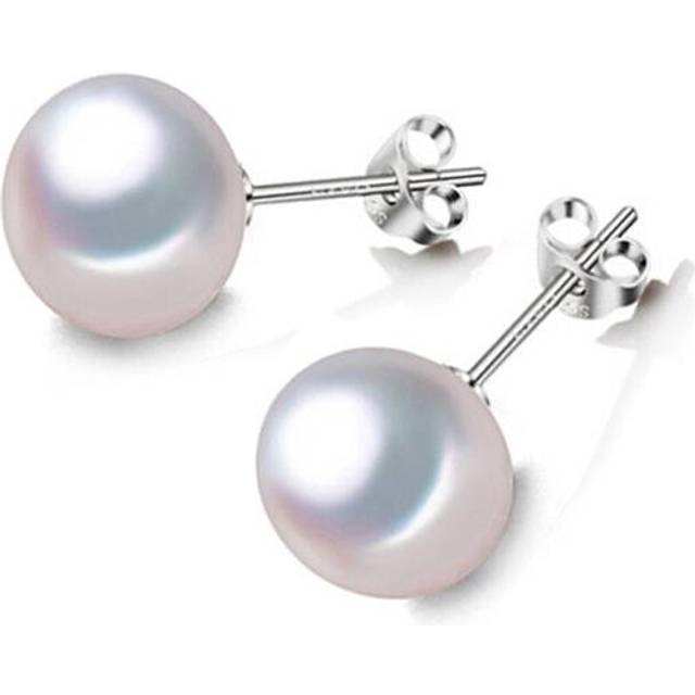 Round White Freshwater Pearl Solitaire Stud Earrings in 0.925 White Sterling Silver