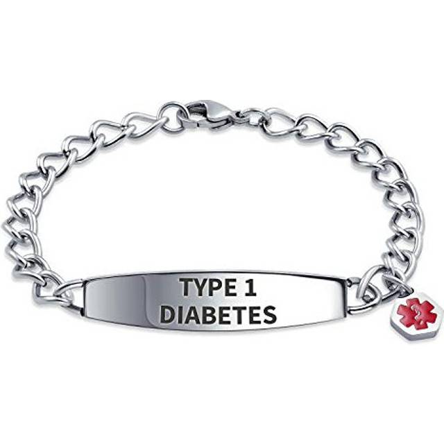 Bling Jewelry Type 1 Diabetes Identification Medical ID Bracelet Miami Cuban Link Chain For Women Stainless Steel 8 Inch Custom Engraved
