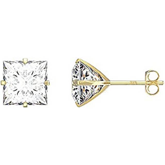 Aeon Jewellery Gold Stud Earrings - 9 Carat Yellow Gold with Cubic Zirconia Diamond | 4mm Claw Set Square Stone |Gift Box & Polishing Cloth Included |