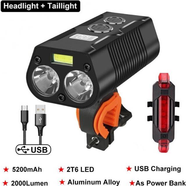 (a-T6 Set D) 5200mAh Bicycle Light MTB Lamp Bicycle Lantern Road Bike Light With Power Bank USB Rechargeable Lamp 2000LM Bike Accessories