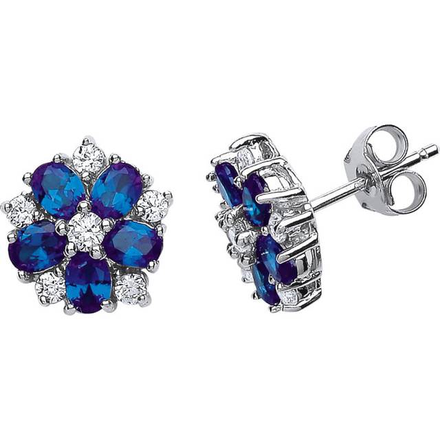 Jewelco London Ladies Sterling Silver Sapphire-Blue Oval Cubic Zirconia Tudor Rose Flower Petal Stud Earrings - GVE212SAP