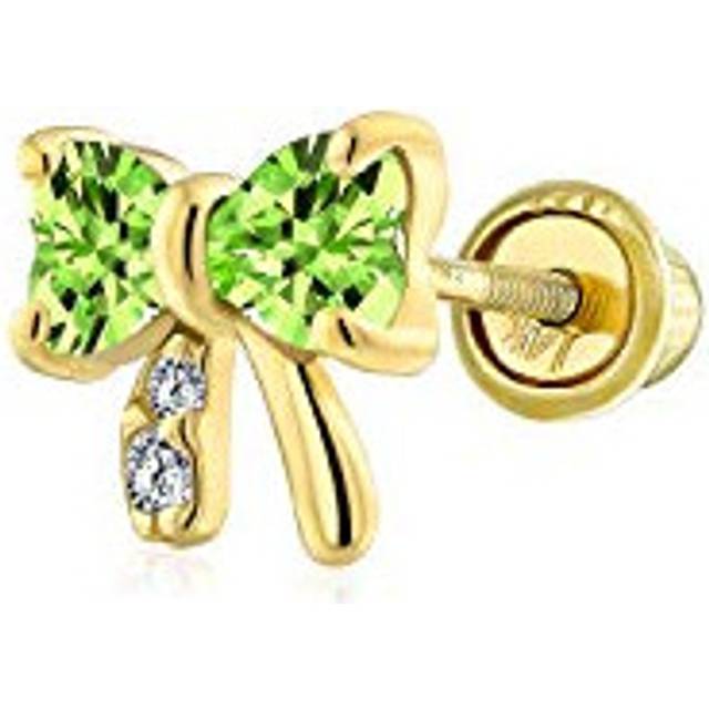 Tiny Minimalist Cubic Zirconia Lime Green Simulated Peridot CZ Cartilage Ear Lobe Piercing Daith Ribbon Bow 1 Piece Stud Earrings For Women Real 14K
