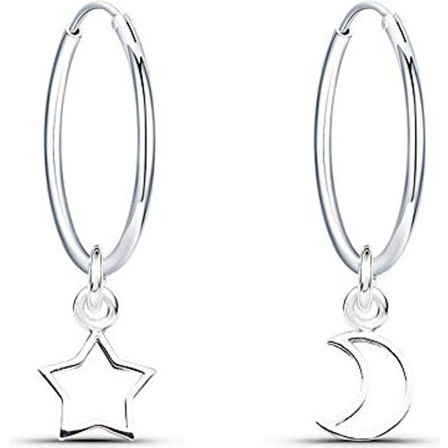 Epoch World 925 Sterling Silver Earrings Dangle Drop Moon and Star Hoop Earrings Diameter 16mm Sleeper Hoops Earrings for Women Girls