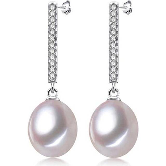 Teardrop White Freshwater Pearl Bar Drop & Dangle Earrings in 0.925 White Sterling Silver