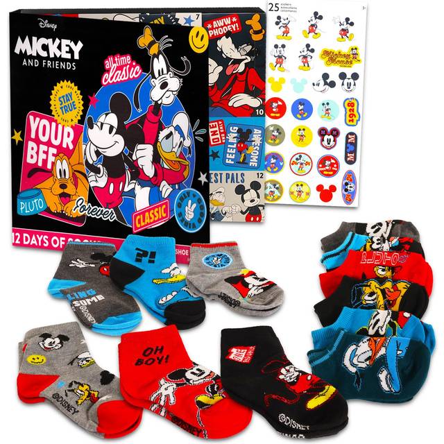 Mickey Mouse Christmas Advent Calendar Set - Bundle of 12 Pairs of Toddler Socks for Boys Size 4-7 Plus Stickers | Disney Sock Gift Box