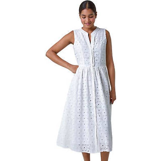 Roman White Floral Cotton Broderie Midi Dress - Size 20