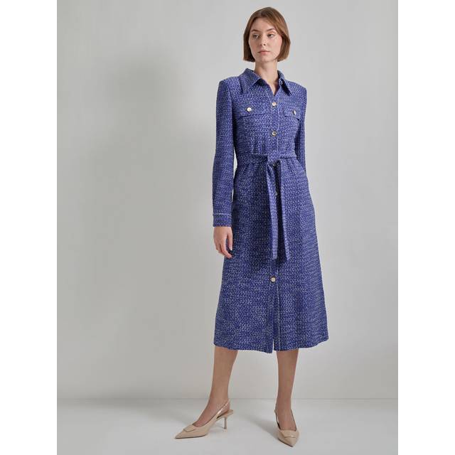 Belted Button-Front Tweed Knit Midi Dress - Heritage Fit - Starry Night Blue/New Ivory - Small