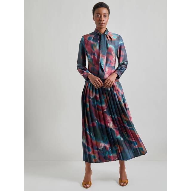 Tie-Neck Pleated A-Line Maxi Dress - Heritage Fit - Marine Teal/African Violet/Goldenwood/Soft Mauve/New Ivory/Black - Small
