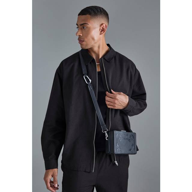 Linen Mix Relaxed Harrington Jacket - Black - S