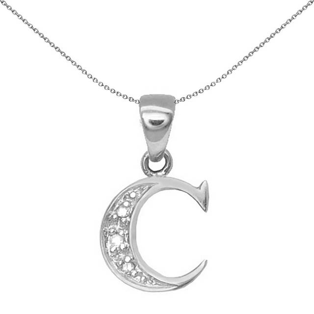Jewelco London 9ct White Gold Pave Set Round H I2 0.02ct Diamond Identity Dainty Initial ID Charm Pendant Letter C - 9P052-C