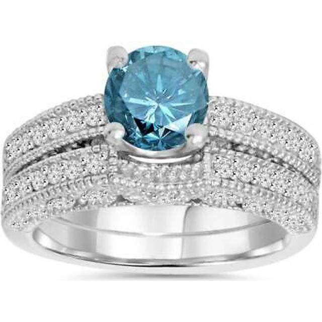 1.50ct Heat Treated Blue Diamond (1ct Center) Vintage Engagement Ring Set 14k