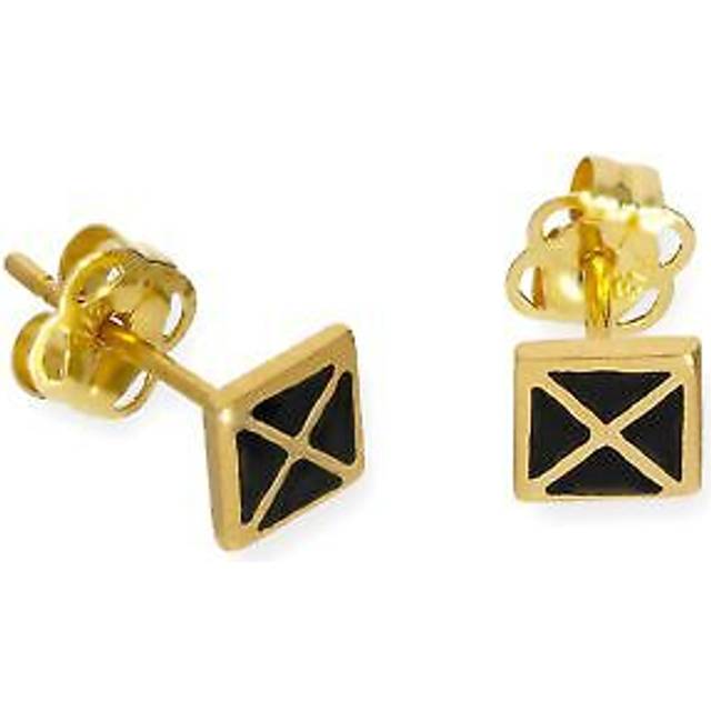 Real 375 9ct Gold & Black Enamel Square Stud Earrings Kite Envelope Shape Box