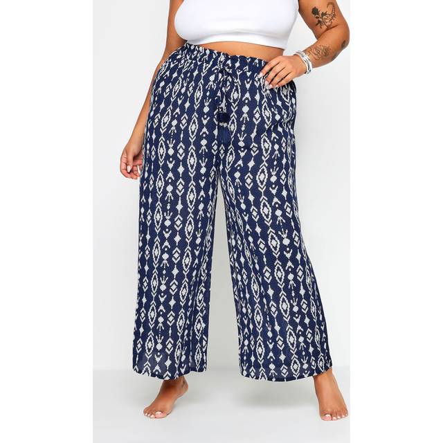 Yours Curve Navy Blue Ikat Print Crinkle Tassel Trousers, Women's Curve & Plus Size, Yours - 18-20