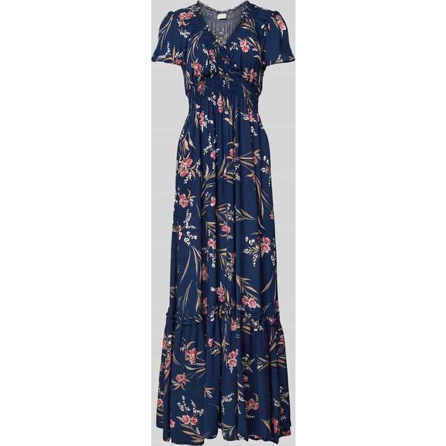 Womens Watercolour Floral Smocked Maxi Dress - Navy - 8
