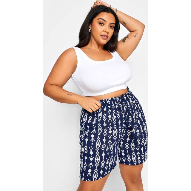 Yours Curve Navy Blue Ikat Print Crinkle Tassel Shorts, Women's Curve & Plus Size, Yours - 14-16