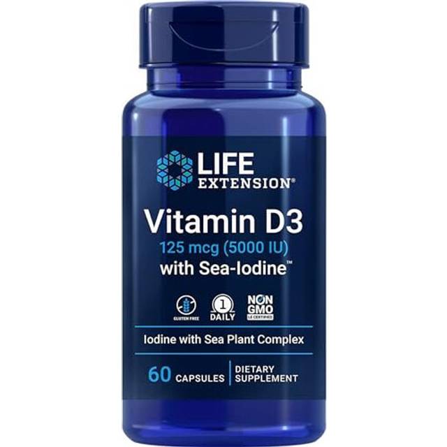 Life Extension, Vitamin D3 125mcg (5000 IU), Depot, One Capsule Every 5 Days, with Sea Iodine, 60 Capsules, Gluten-Free, SOYA-Free, Non-GMO