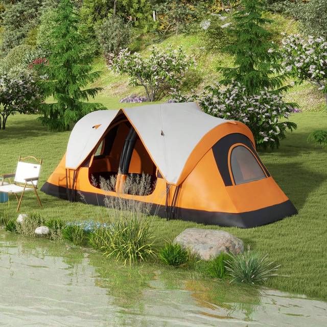 SHEIN Outsunny 2 Bedroom Camping Tent For 6-8 Man, Large Family Tent With 2000mm Waterproof Rainfly And Screen Panels, Portable With Bag, For Fishing Hiking