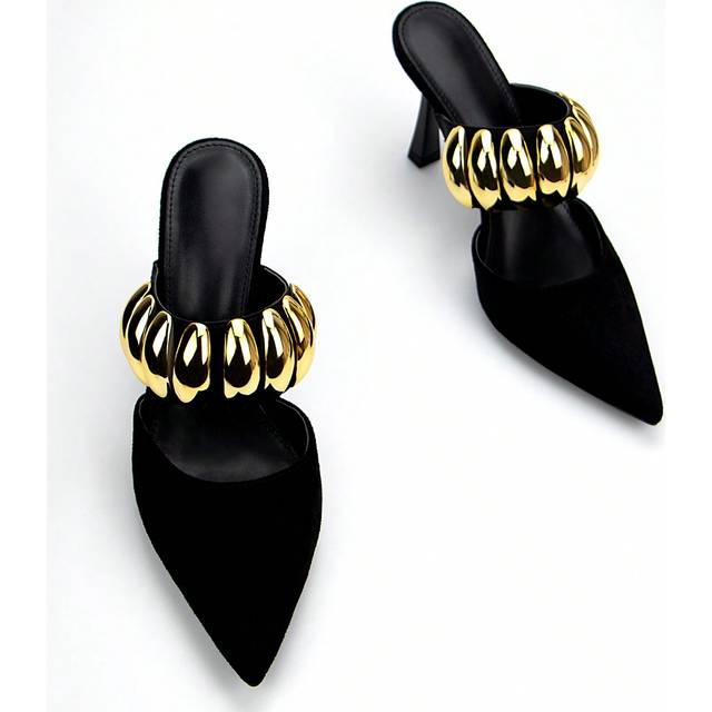 SHEIN Women Fashionable Black Velvet Pointed Toe High-Heeled Mule Shoe With Gold Metal Buckle Decoration On Heel Strap And Elastic Band For Daily Party And
