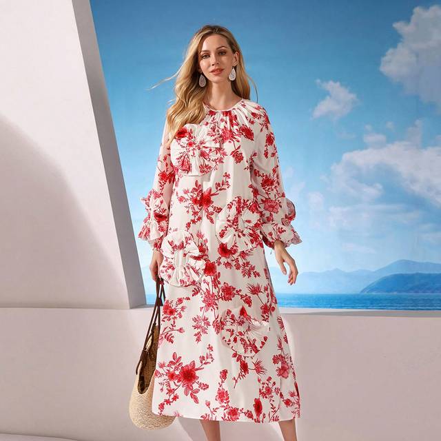Aveloria Floral Print Round Neck Puff Sleeve Loose Dress For Women With 3D Flower Embellishments