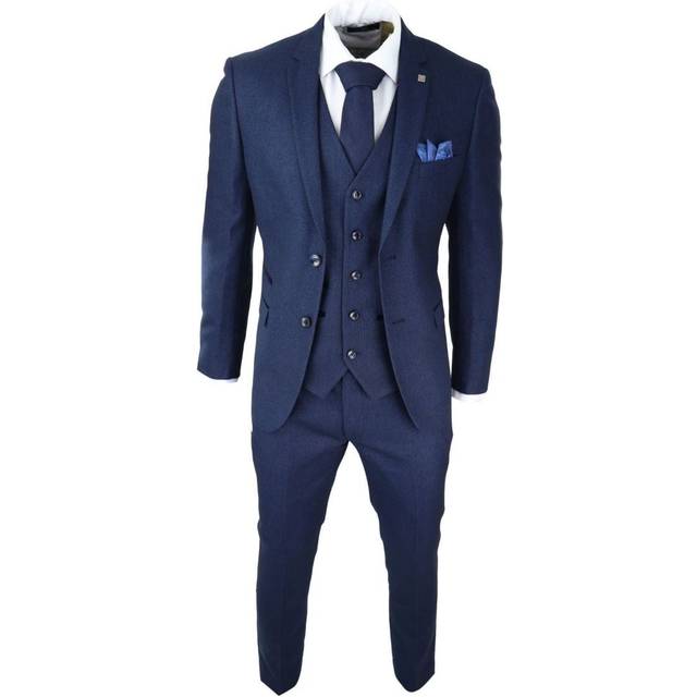 (42) Mens 3 Piece Navy Blue Birdseye Tweed Classic Suit