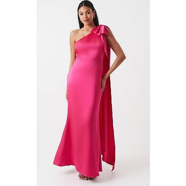 Bow And Drape Detail One Shoulder Satin Bridesmaid Dress - Pink - 10