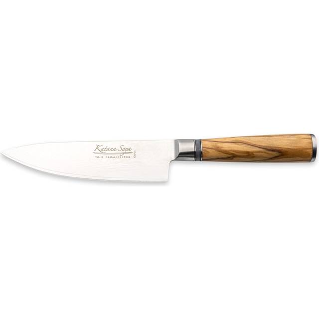 Katana Saya Damascus Steel Cook's Kitchen Knife with Olive Handle & Leather Sheath, 15cm
