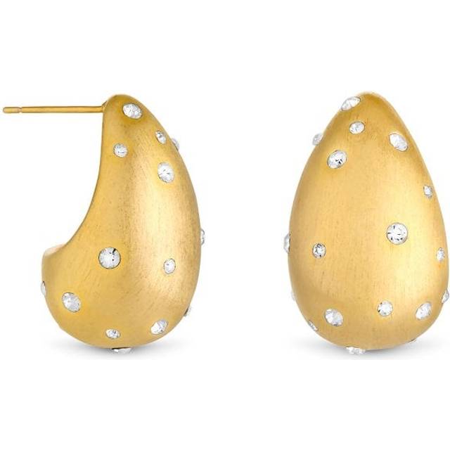 Womens Gold Polished And Crystal Stone Dome Hoop Earrings - Metallics - One Size