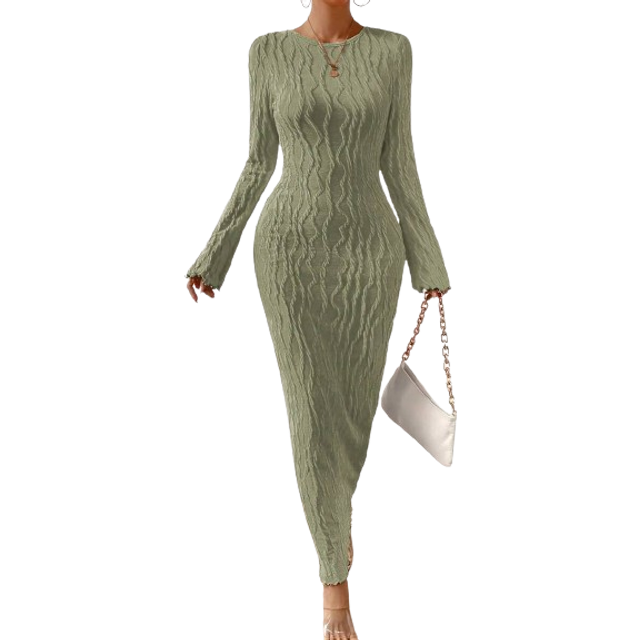 Solid Flare Sleeve Sallad Hem Bodycon Dress Maxi Dam Outfit - Grön (L,M,S,XL,XS)